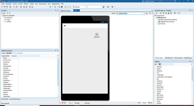Die Vorschau der Benutzerschnittstelle in Delphi in der Ansicht für Android. 